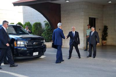 Secretary Kerry Is Greeted By Palestinian Authority Negotiator Erekat